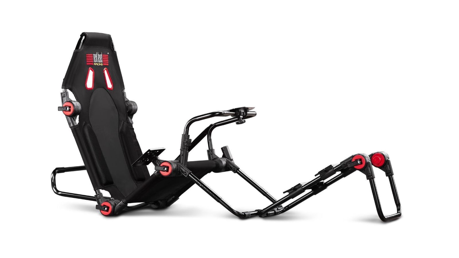 Next Level Racing F-GT Lite product image of a black racing cockpit with red accents,