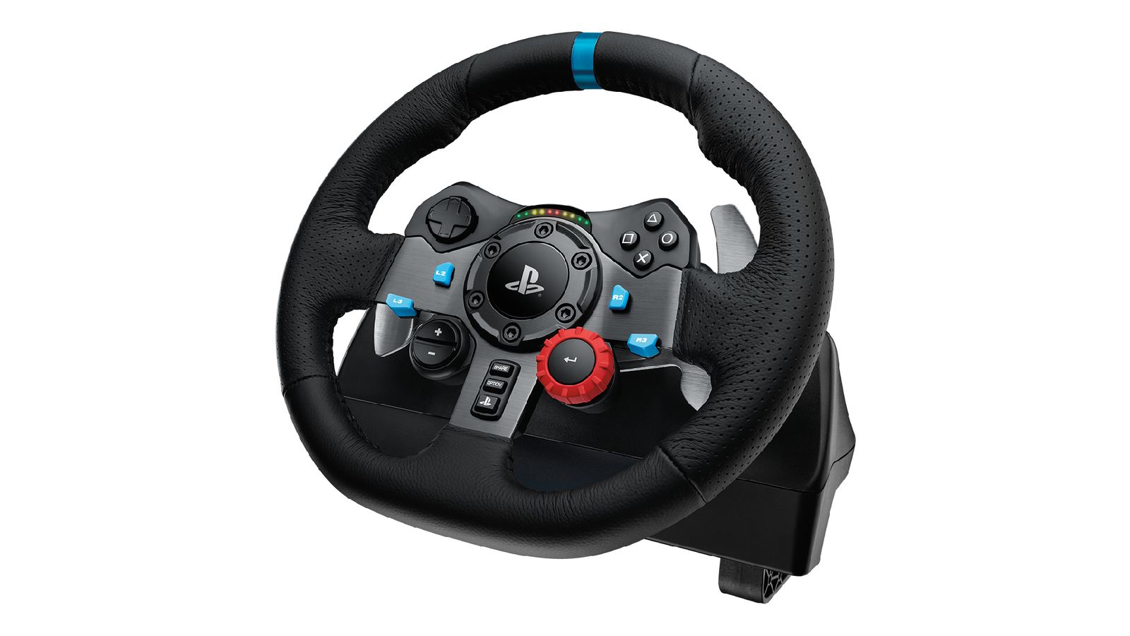 Logitech G G29 product image of a black racing wheel feature blue outlined buttons and a red dial on the face.