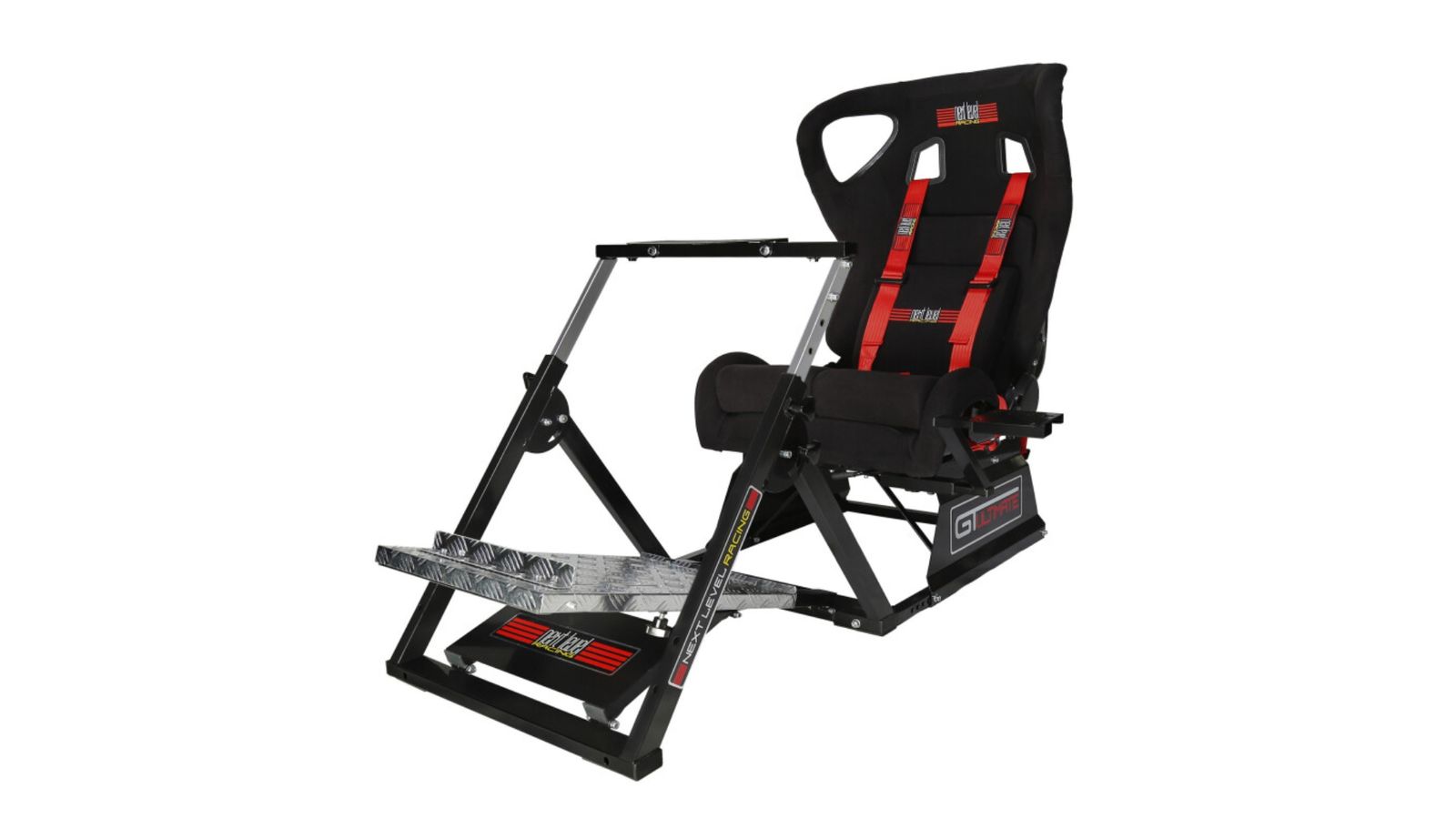 Next Level Racing GT Ultimate V2 product image of a black racing chair with wheel and pedal stand featuring a red racing seatbelt.