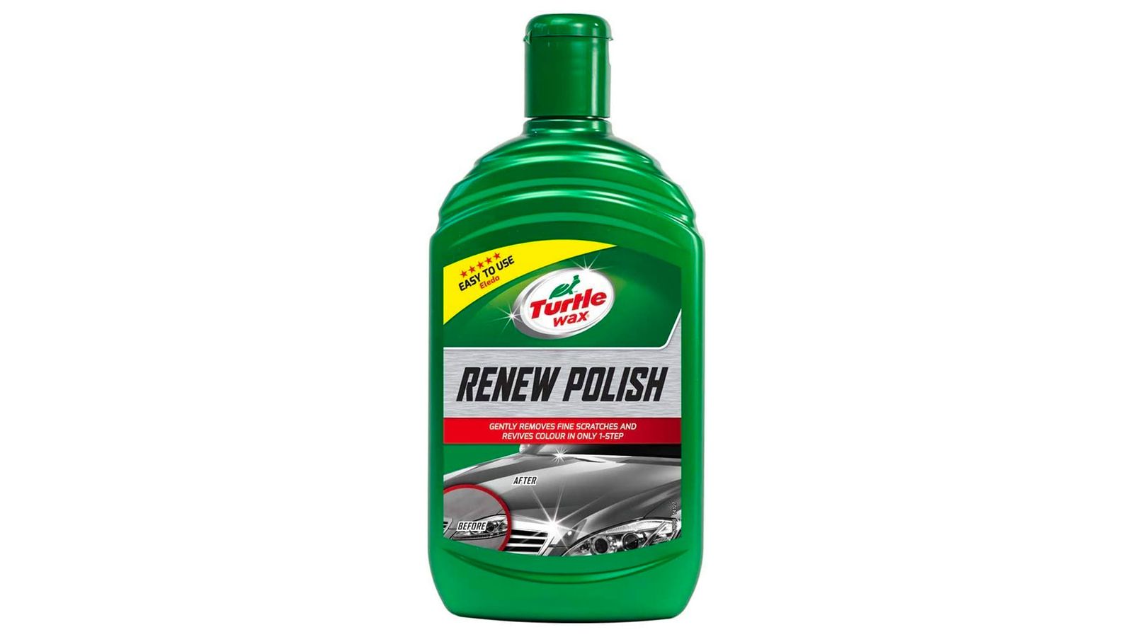 Turtle Wax Renew Polish product image of a green bottle with a red and silver label.