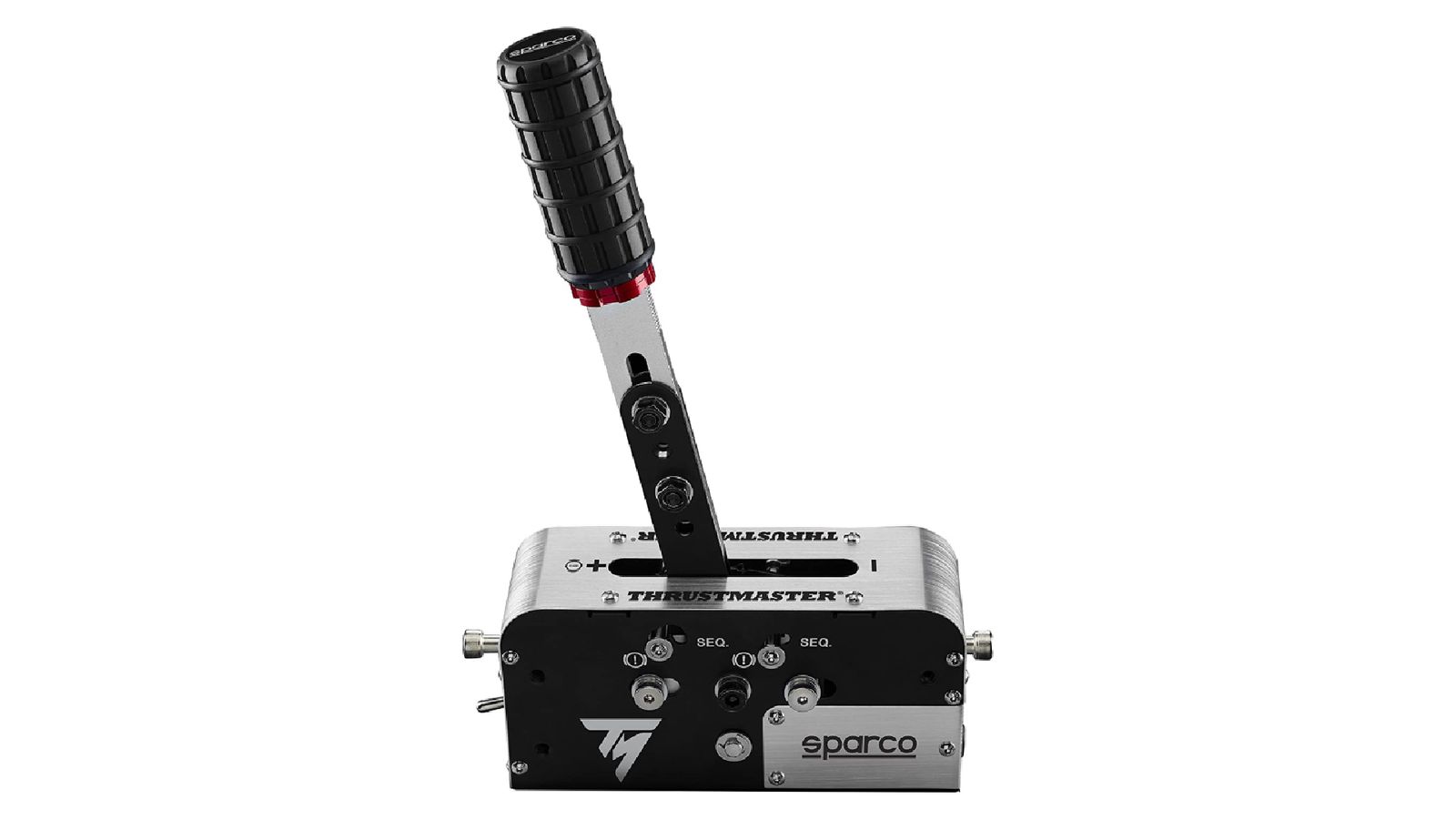 Thrustmaster TSS Handbrake Sparco Mod+ product image silver, black, and red sequential shifter.