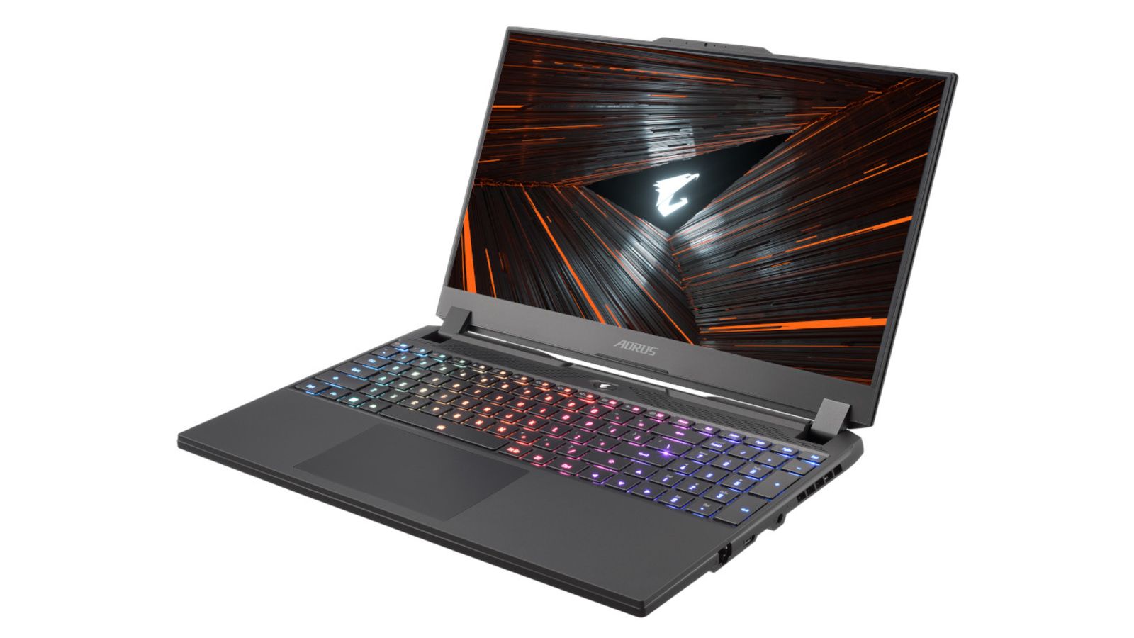 Best Forza gaming laptop - Gigabyte AORUS 17 product image of a dark grey laptop featuring multicoloured backlit buttons and an orange and black pattern on the display.