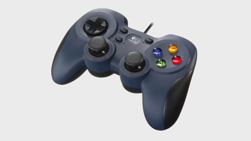 Logitech F310 product image of a small grey controller with a blue tint featuring multicoloured buttons on the right side.