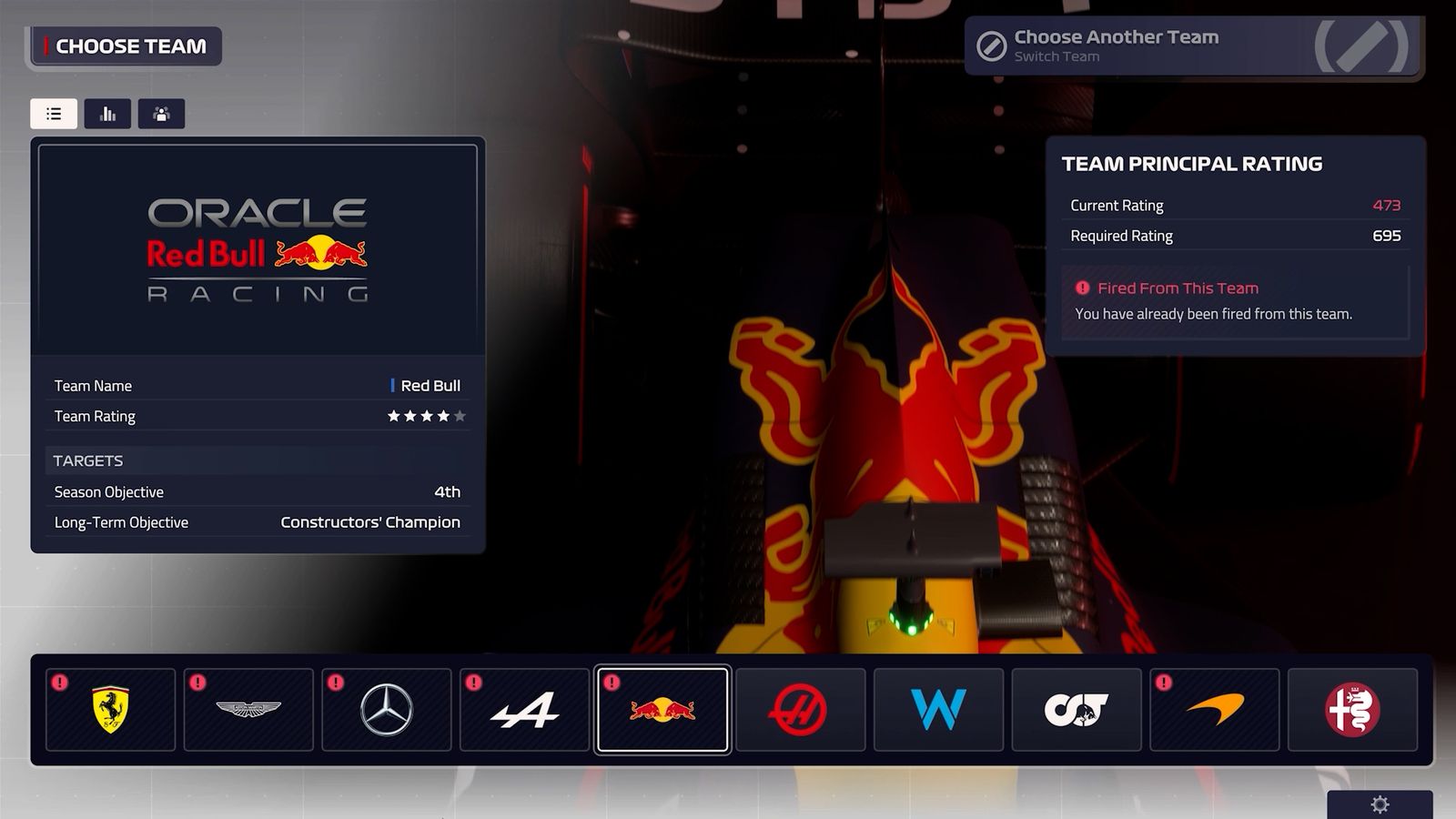 F1 Manager 2023 team switching screen