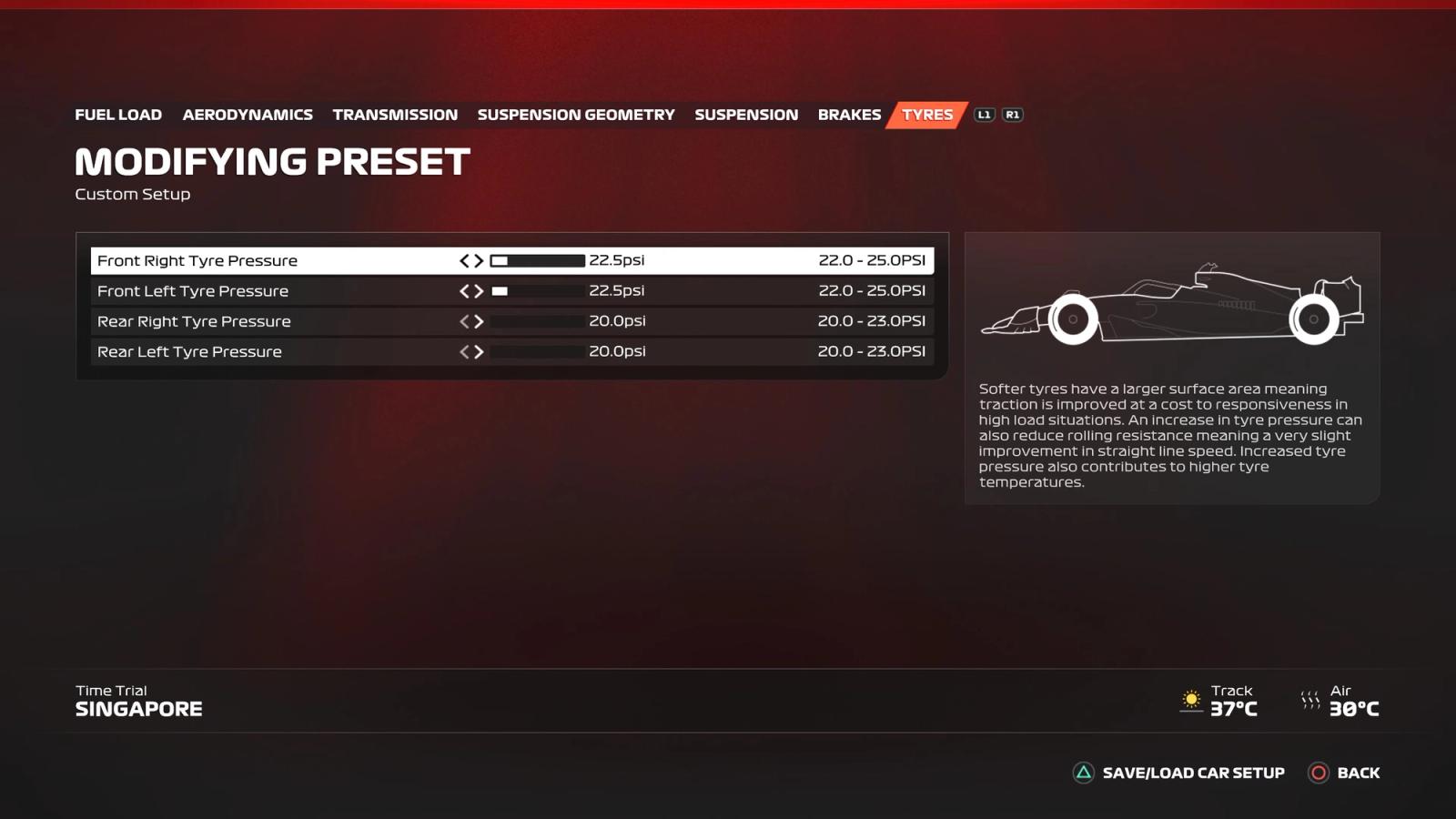 F1 23 Singapore setup tyres screen showing the ideal settings