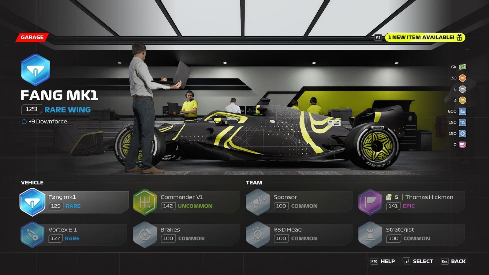 The F1 World garage showing your upgrades in F1 23