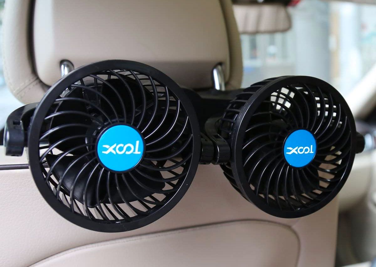 XOOL Electric Car Fans product image of two black fans with blue details.