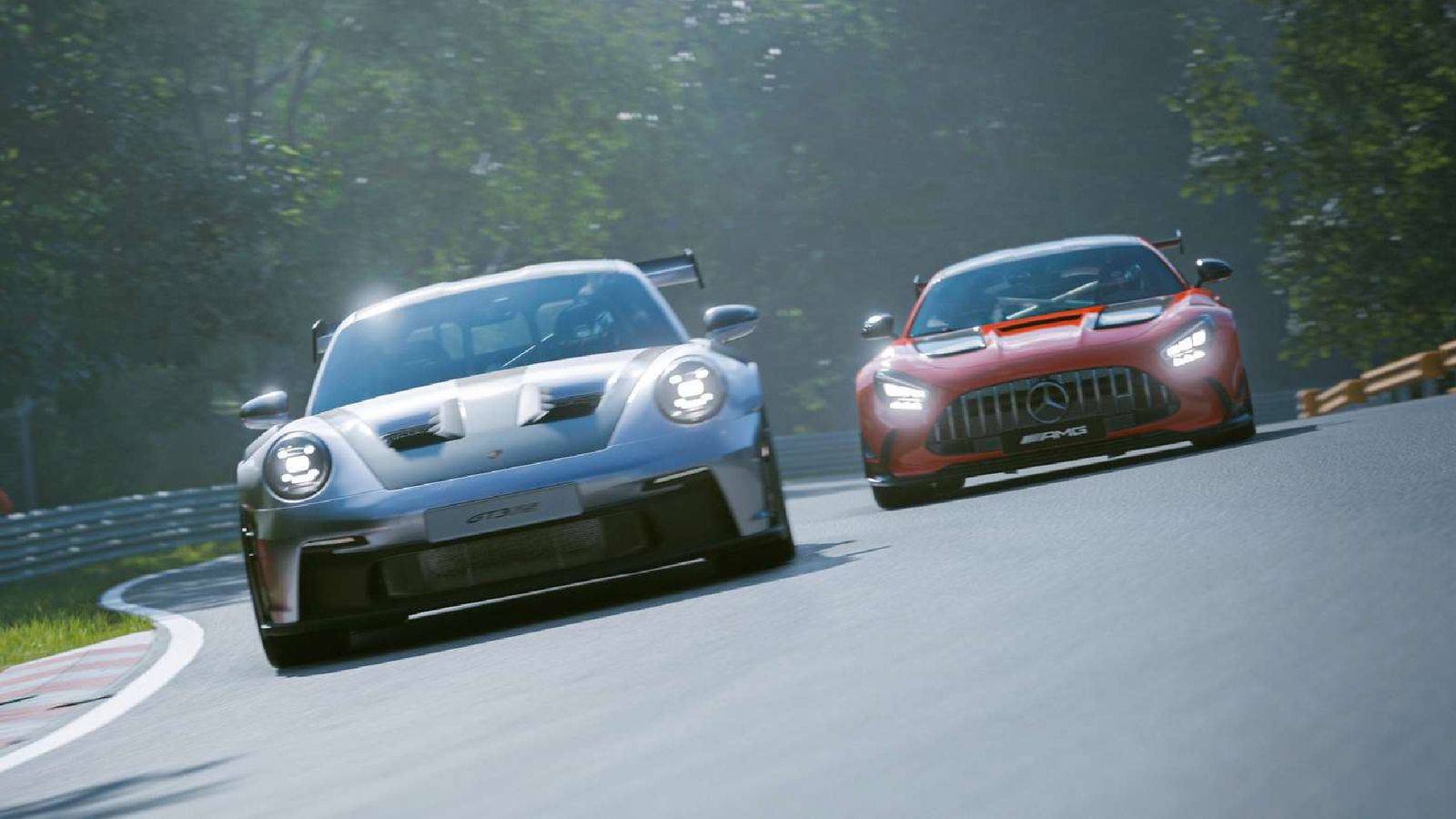 A silver Porsche racing ahead of a red AMG Mercedes.