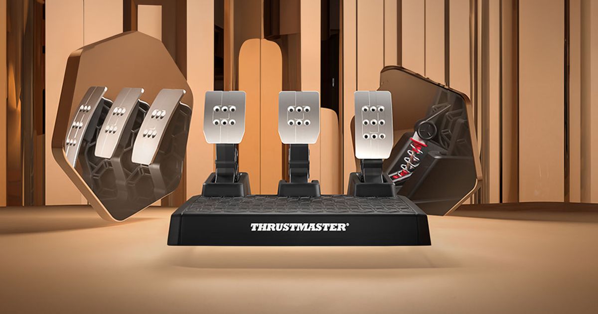 A set of silver and black pedals in a orange and brown room, with closeups of some of the details on either side.
