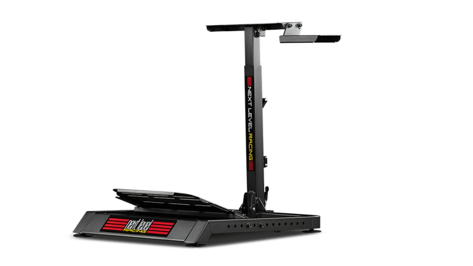 Next Level Racing Wheel Stand Lite product image of a black stand with red, white, and yellow branding.