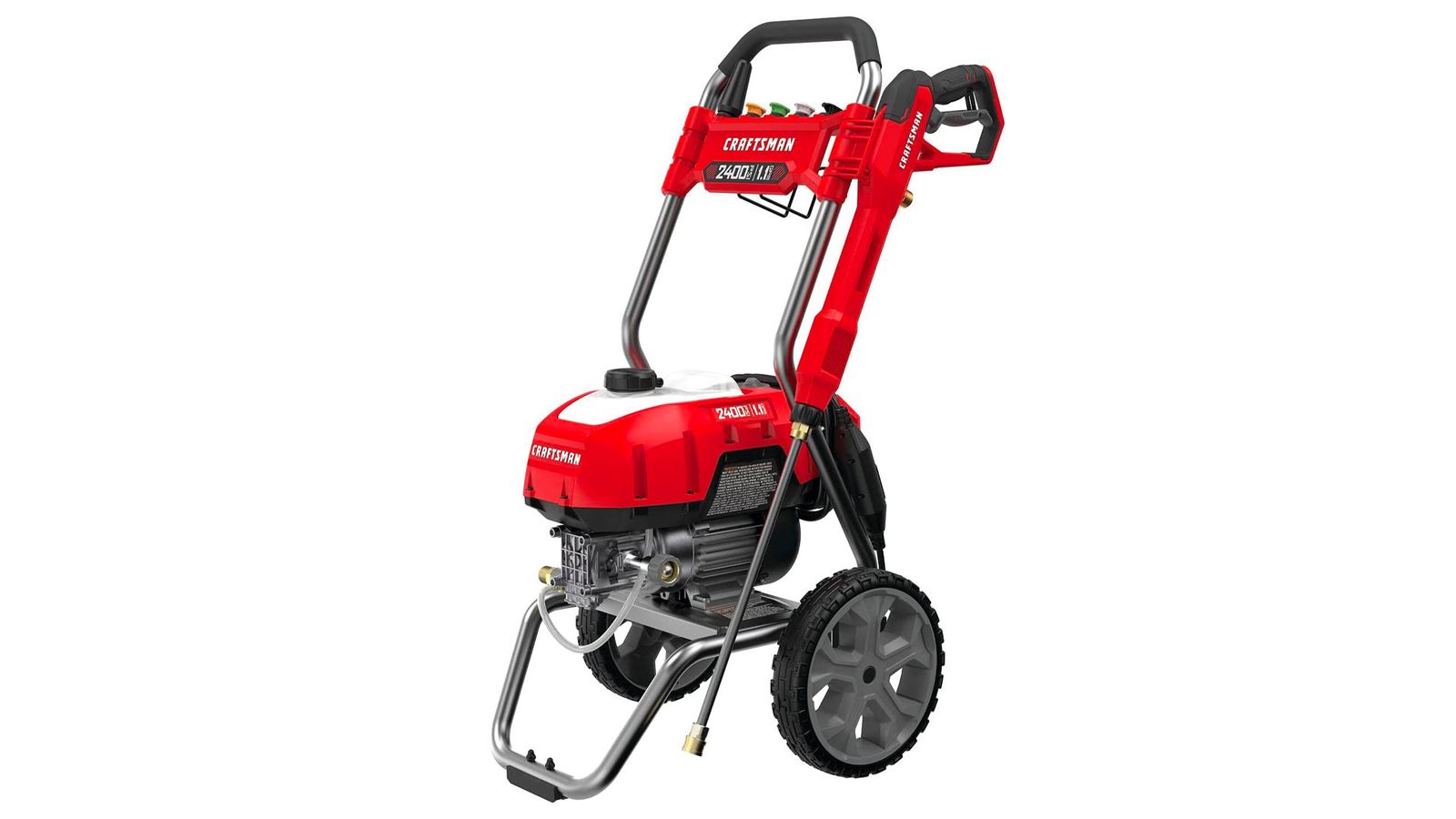 Craftsman CMEPW2400 product image of a black and red machine with wheels.