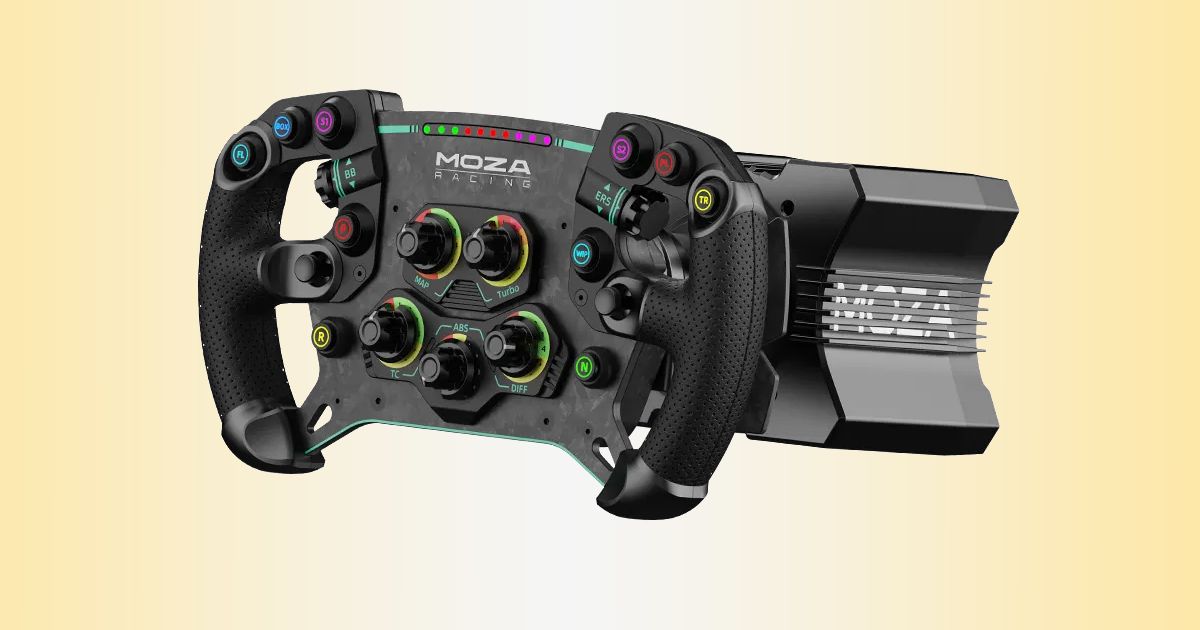 A black Formula-style racing wheel featuring multiple coloured buttons and dials on the centre console attached to a black wheel base.