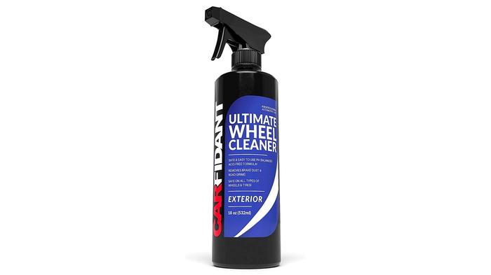 Best alloy wheel cleaner Carfidant product image of a black spray bottle with a blue label.