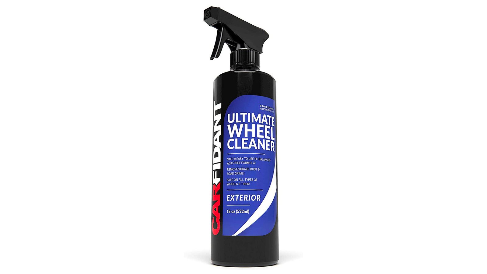 Carfidant Ultimate Wheel Cleaner product image of a black spray bottle with a blue label.