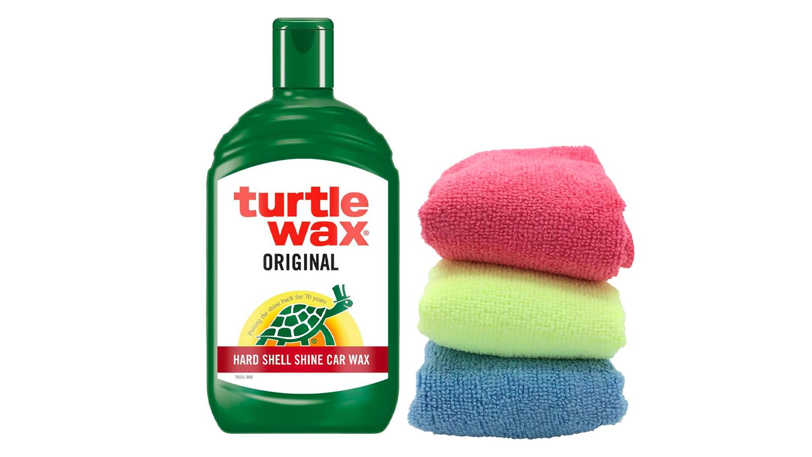 Turtle Wax Original Car Wax product image of a green bottle with a white and red label next to blue, yellow, and red microfibre clothes.