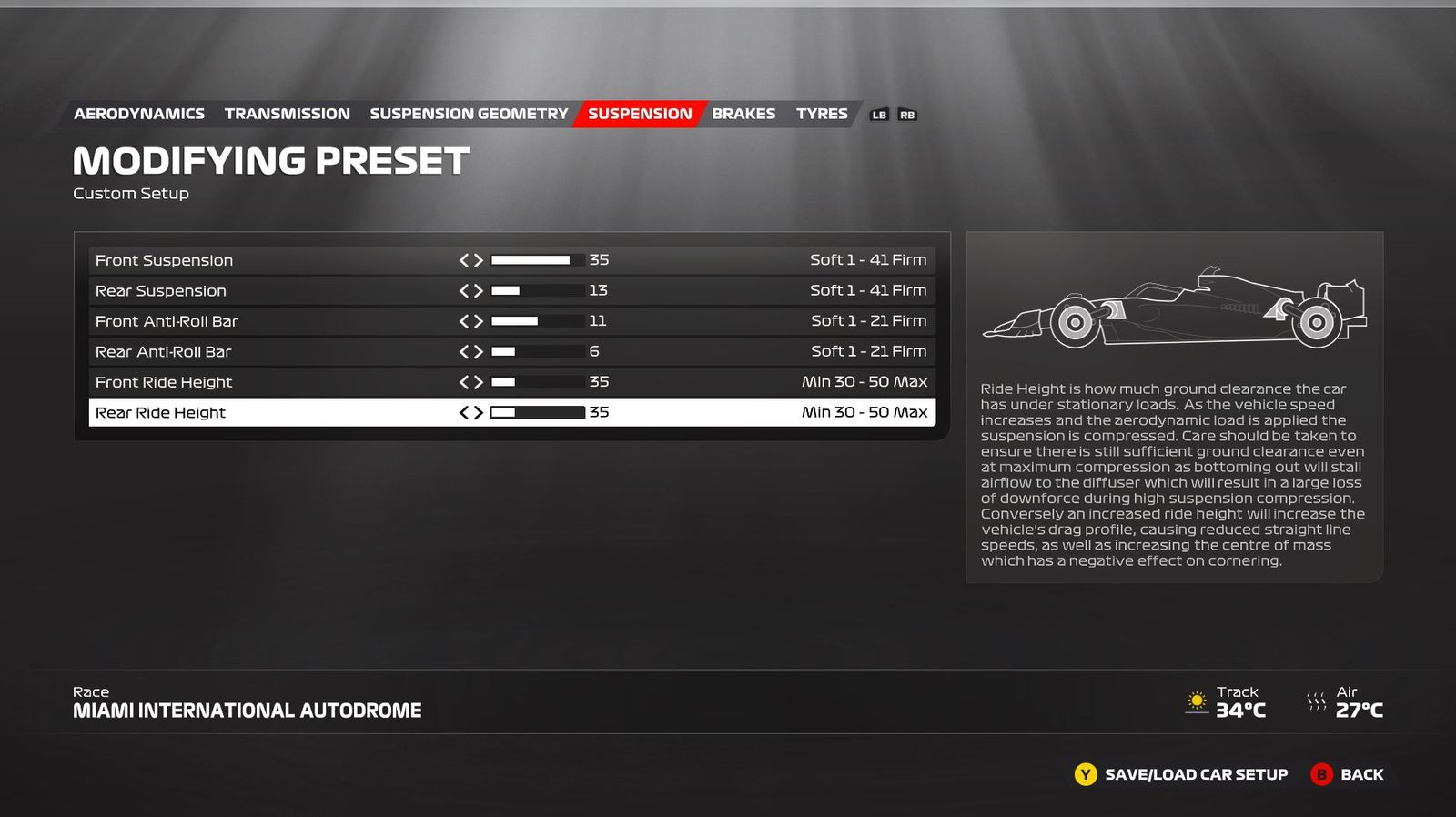 F1 23 Miami setup suspension screen showing the ideal settings