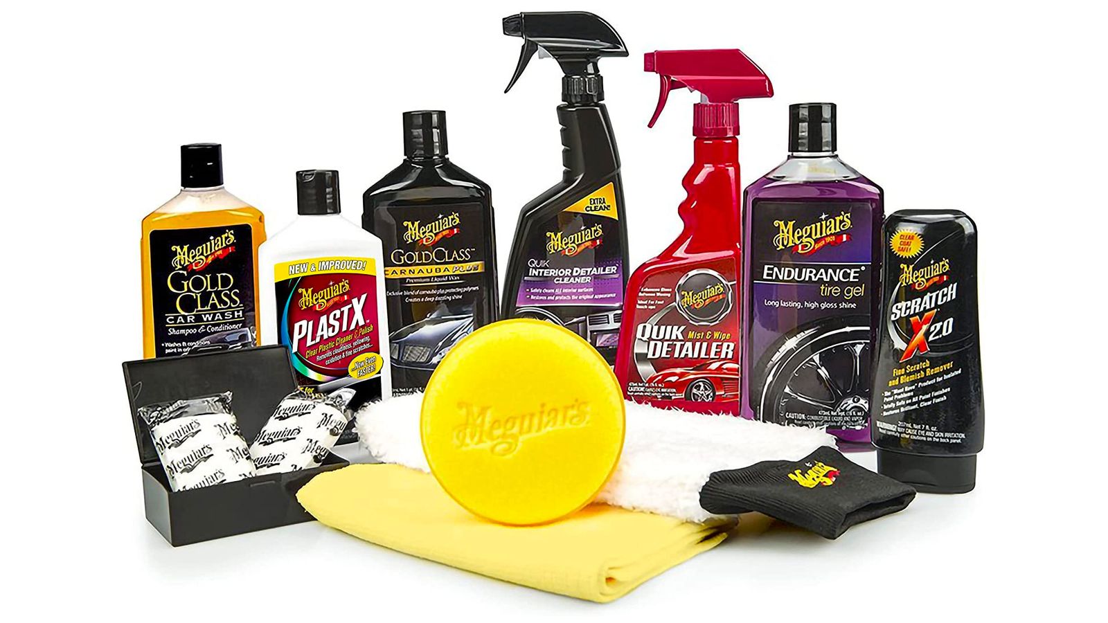 Meguiar's Complete Car Care Kit product image of a selection of bottles, clothes, and other car cleaning products.