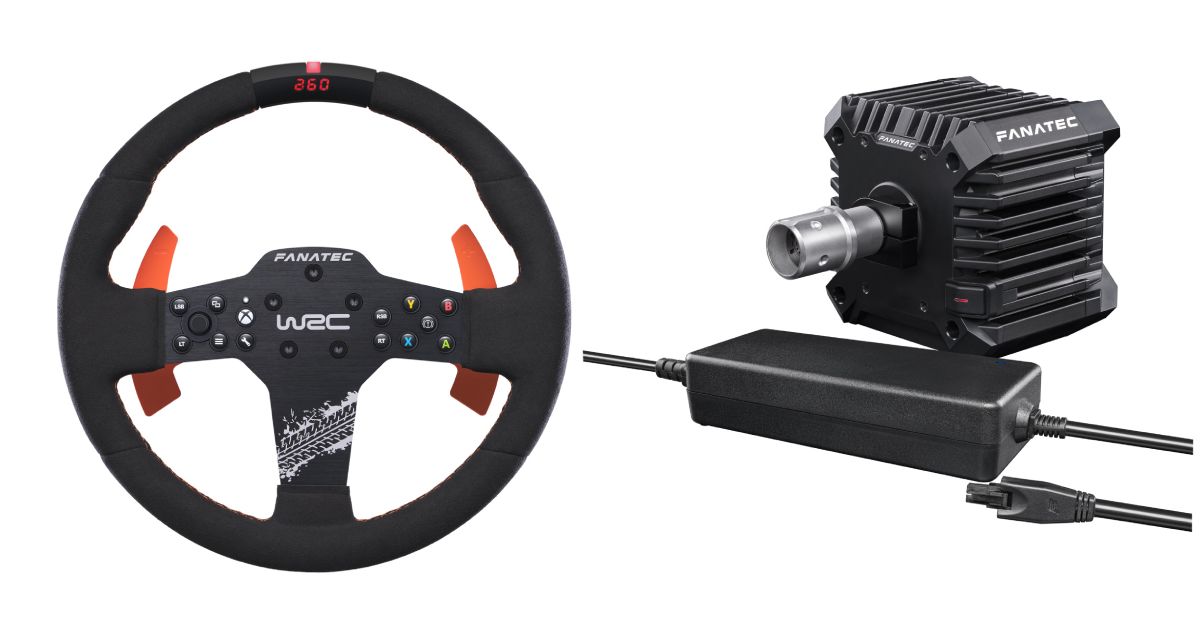 A black racing wheel with orange rear paddles on one side, while the other side features a black wheel base with a silver connection and a black cable in front of it.