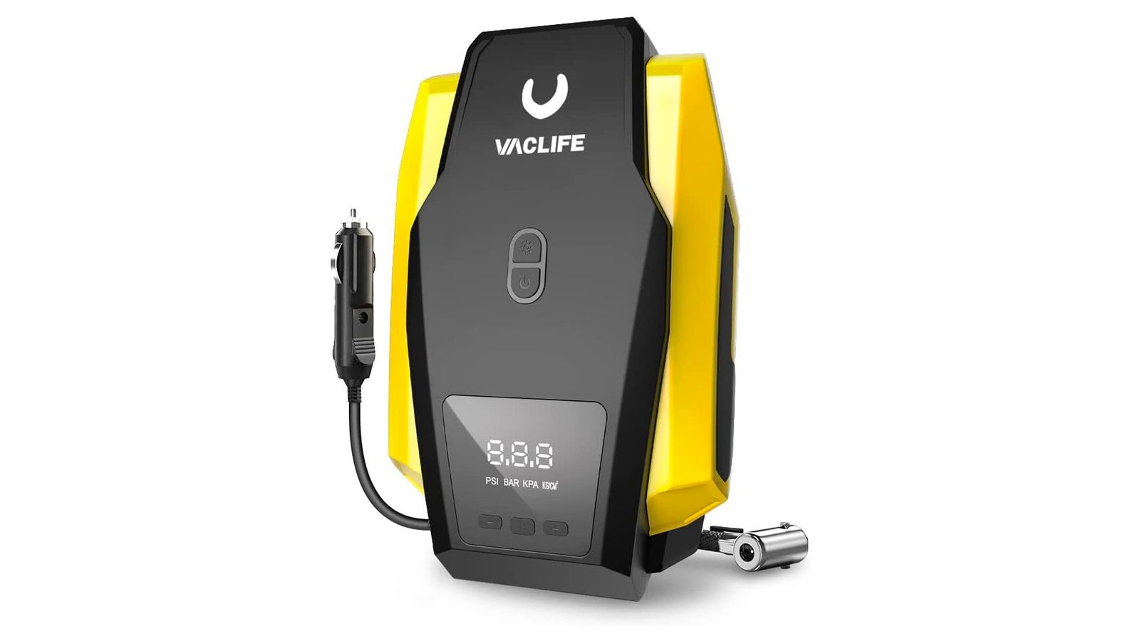 VacLife Tyre Inflator Portable Air Compressor product image of a compact black and yellow machine with white VacLife branding.