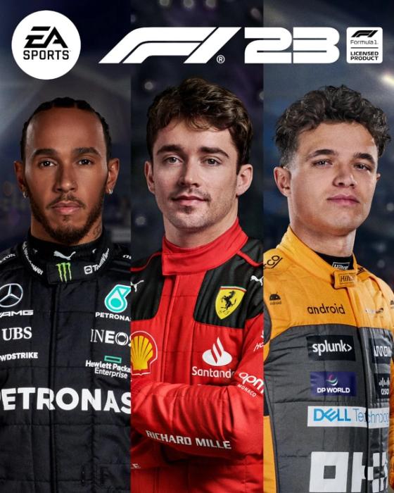 F1 23 Standard Edition cover with Lewis Hamilton, Charles Leclerc and Lando Norris