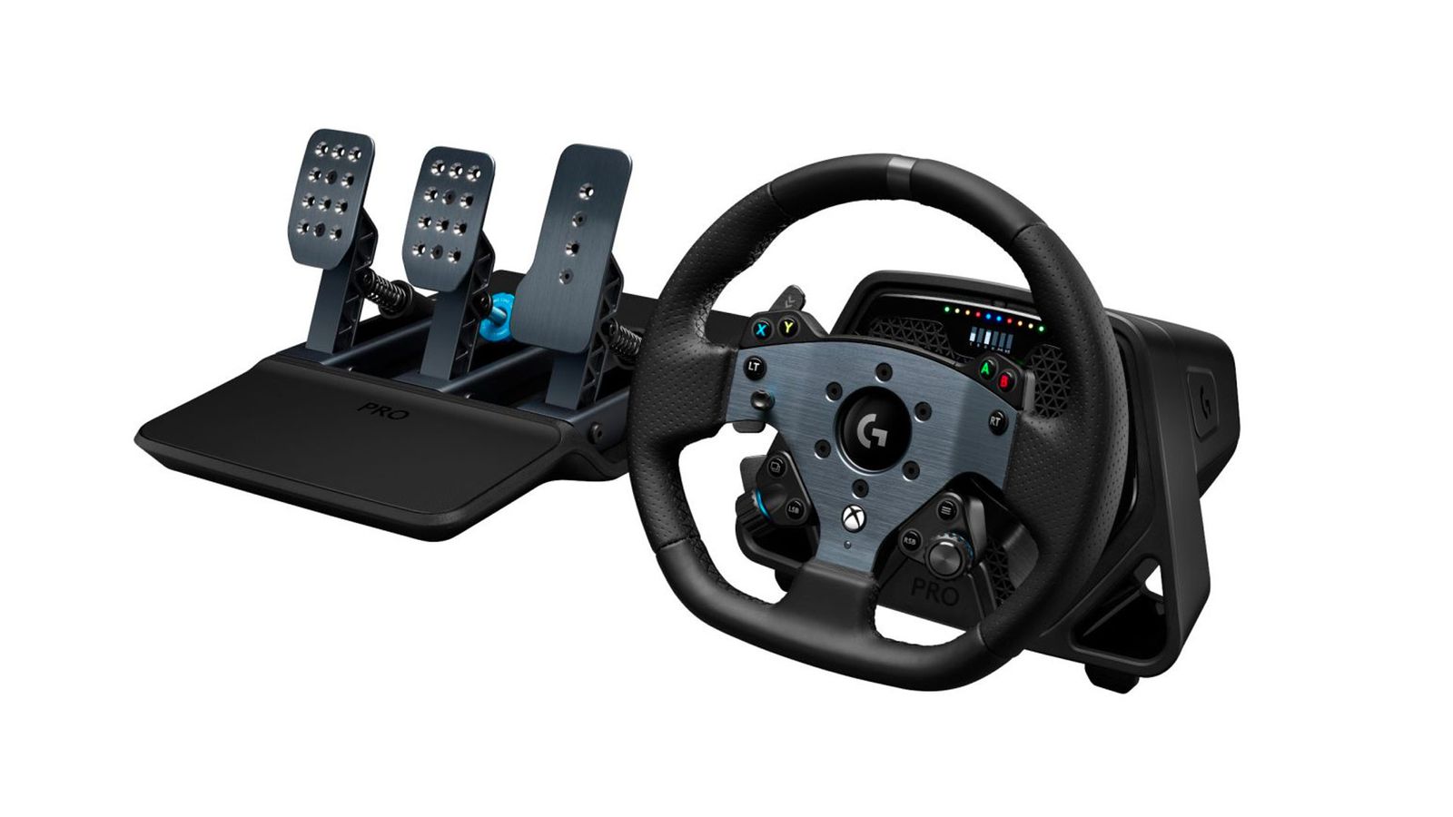 Logitech G PRO product image of a black racing wheel with dark metal trim next to a set of pedals.