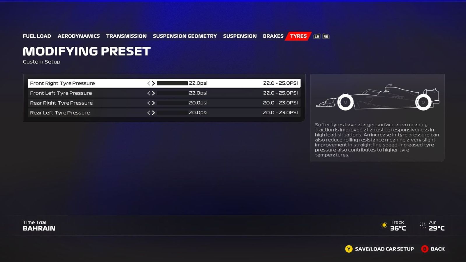 F1 23 Bahrain setup tyres screen showing the ideal settings