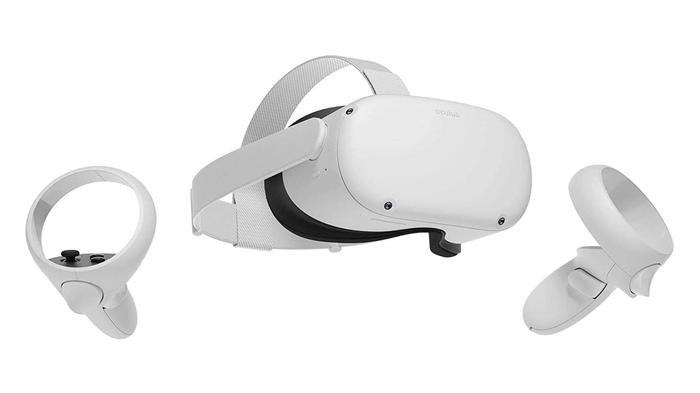 Best racing VR headset - Meta Quest 2 product image of a white VR headset next to two white, circular controllers.