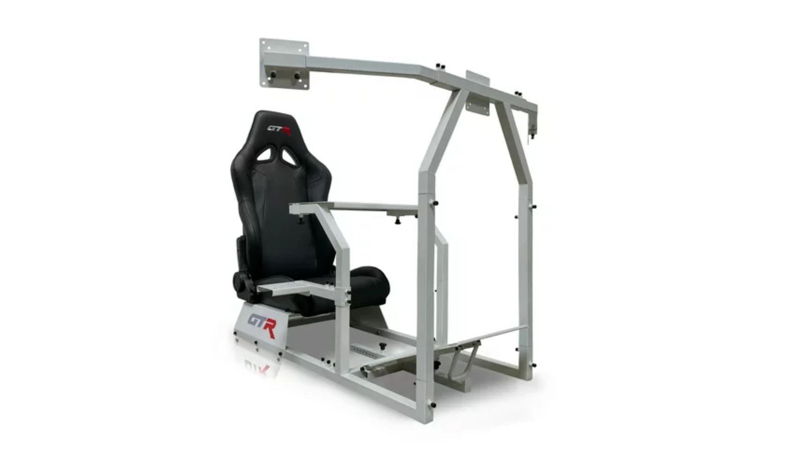 A black racing seat attached to a grey-coloured metal simulator frame featuring GTR branding on the side.