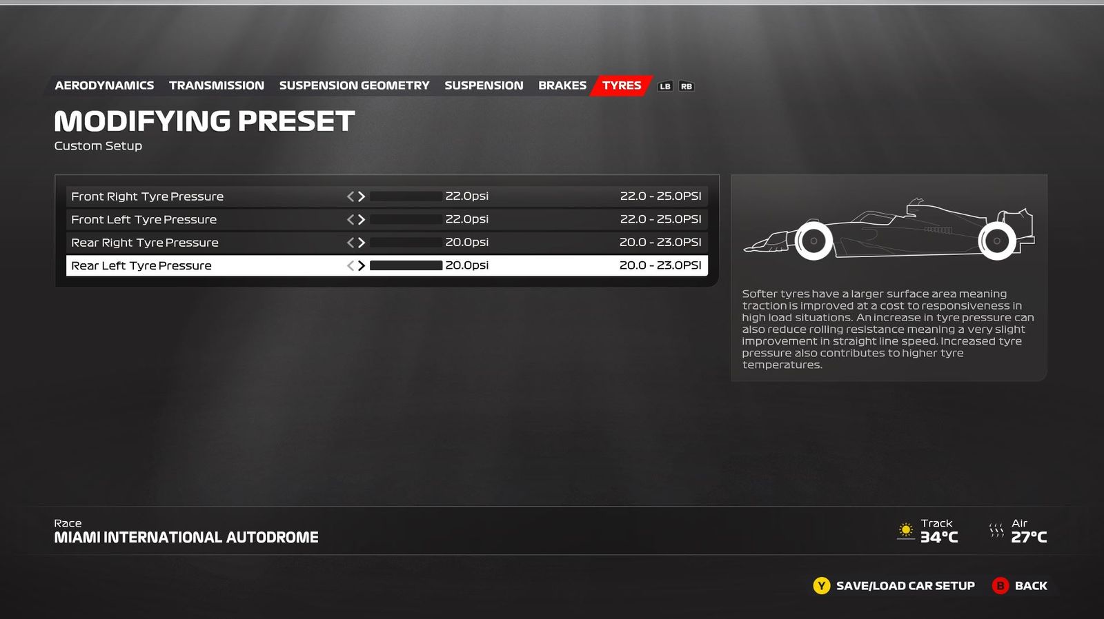 F1 23 Miami setup tyres screen showing the ideal settings