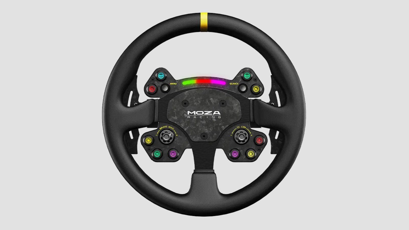 Best wheel for F1 22 - MOZA RS V2 product image of a black-rimmed wheel featuring multicoloured buttons and LEDs as well as a yellow central line at the top.