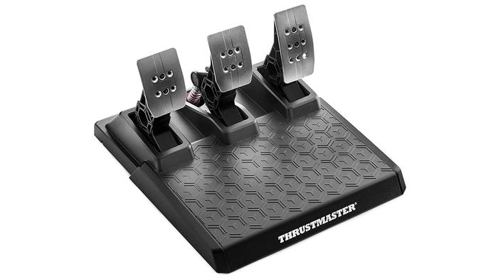 Best budget racing setup - Thrustmaster T-3PM product image of a silver metal set of three pedals on a black base.
