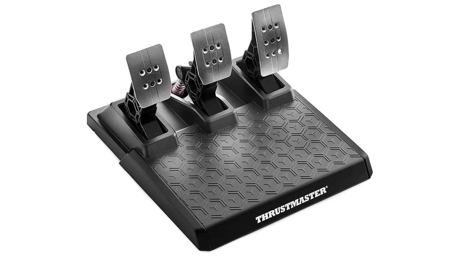 Thrustmaster T-3PM product image of a silver metal set of three pedals on a black base.