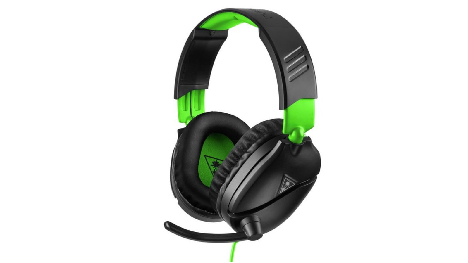 Turtle Beach Recon 70X product image of a black and green over-ear headset with a mic.