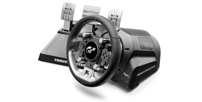 Best wheel for F1 23 - Thrustmaster T-GT II product image of a black and silver wheel and pedals.