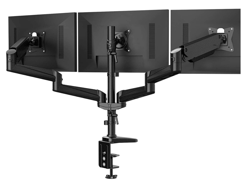 HUANUO Triple Monitor Stand product image of a black triple monitor stand with three monitors connected to the arms.