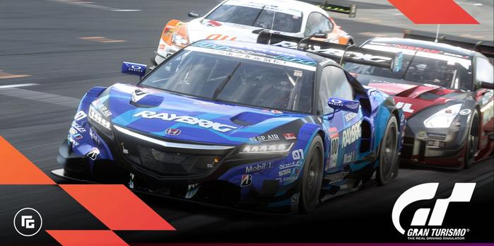 Image of a blue racing car in front of a black, white, and red and orange and white car on the track.