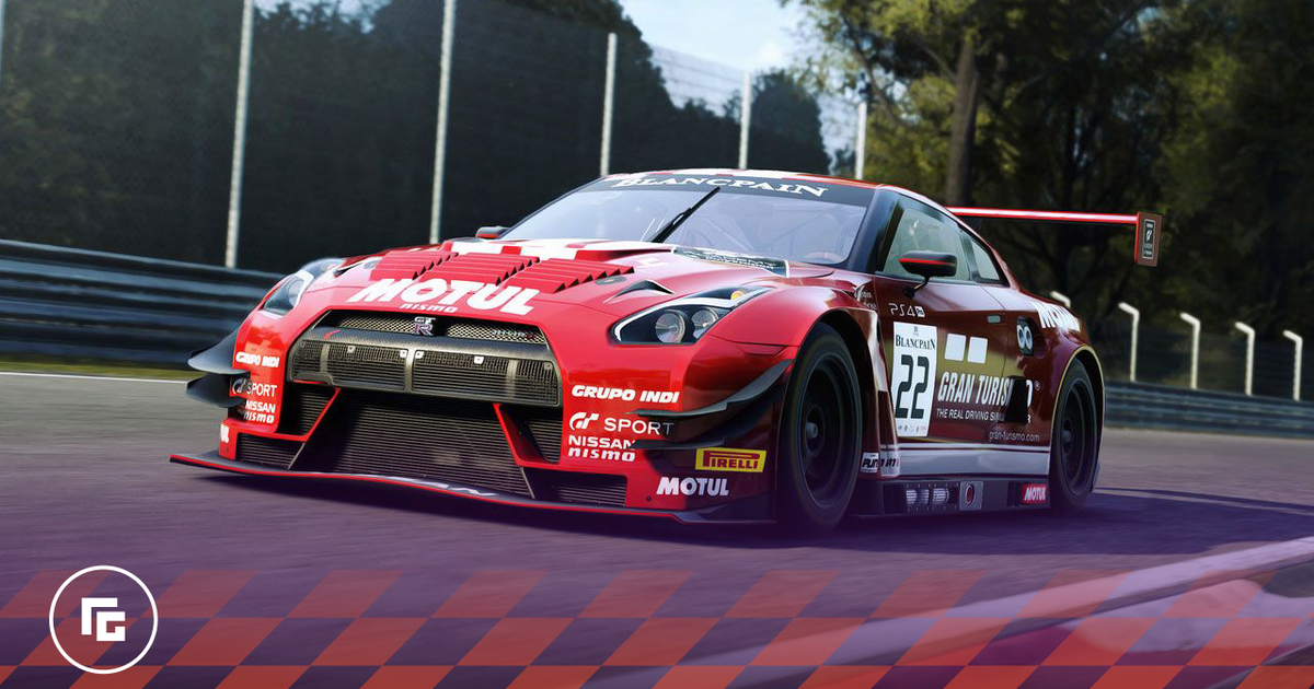 Assetto Corsa Competizione in-game image of a red GTR featuring racing sponsors all over on a track.