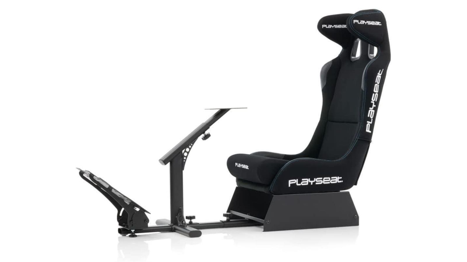 Playseat Evolution Alcantara PRO product image of a black seat with white branding connected to a wheel mount.