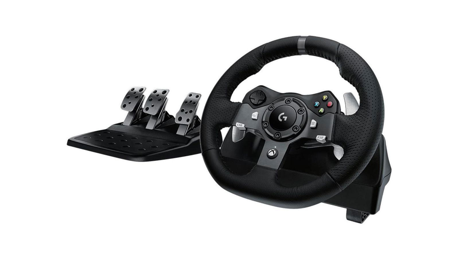 Logitech G920 product image of a black racing wheel with silver paddles on the back, and a set of black and dark grey pedals next to it.