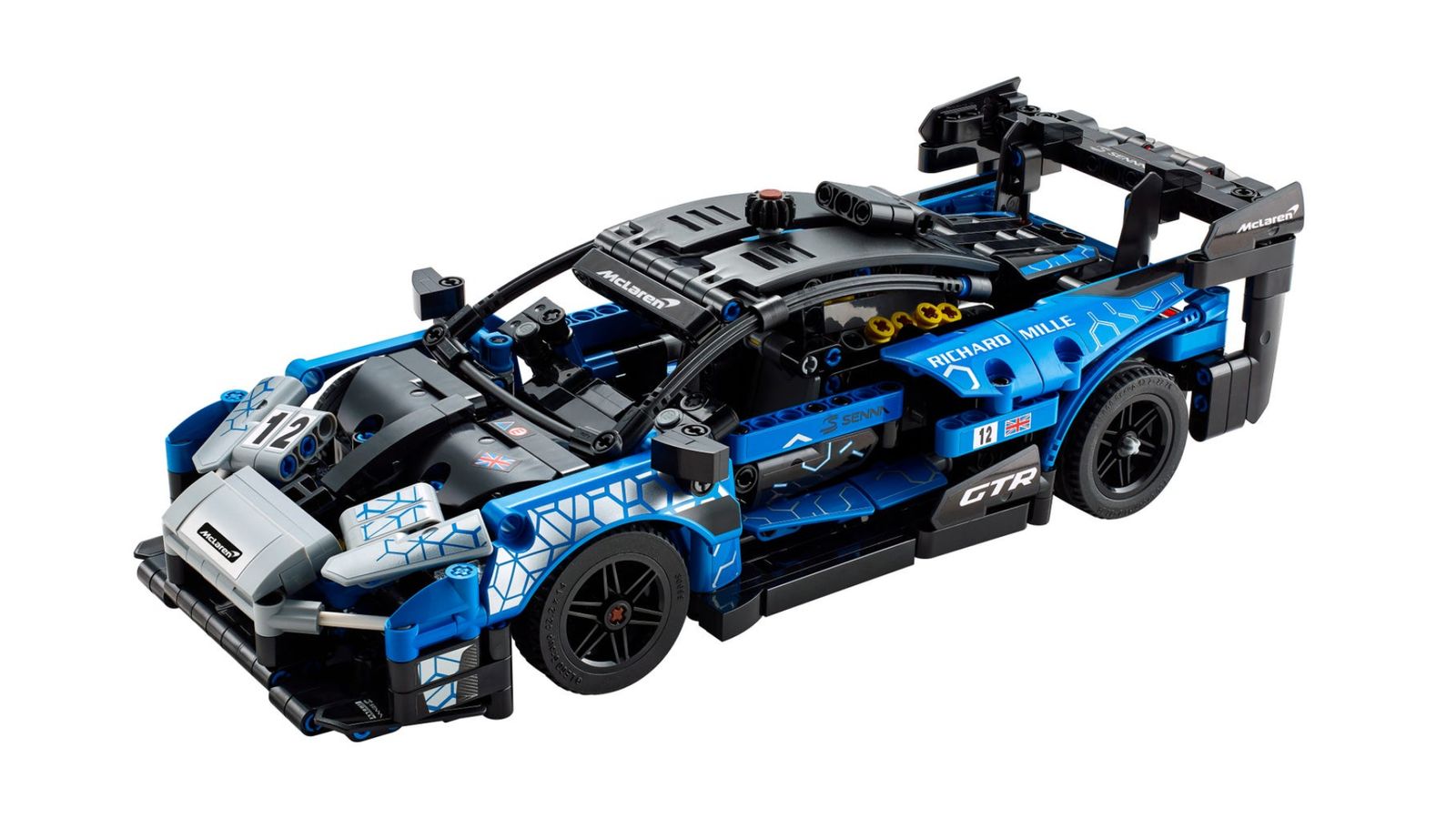 LEGO Technic McLaren Senna GTR Racing Sports product image of a blue and black racing car with sponsors.