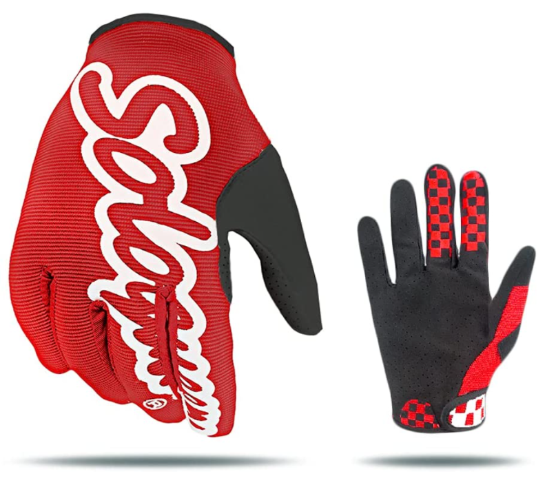 Solo Queen Sim Racing Gloves product image of a red and black glove shot from the front and back, with white Solo Queen branding on top.