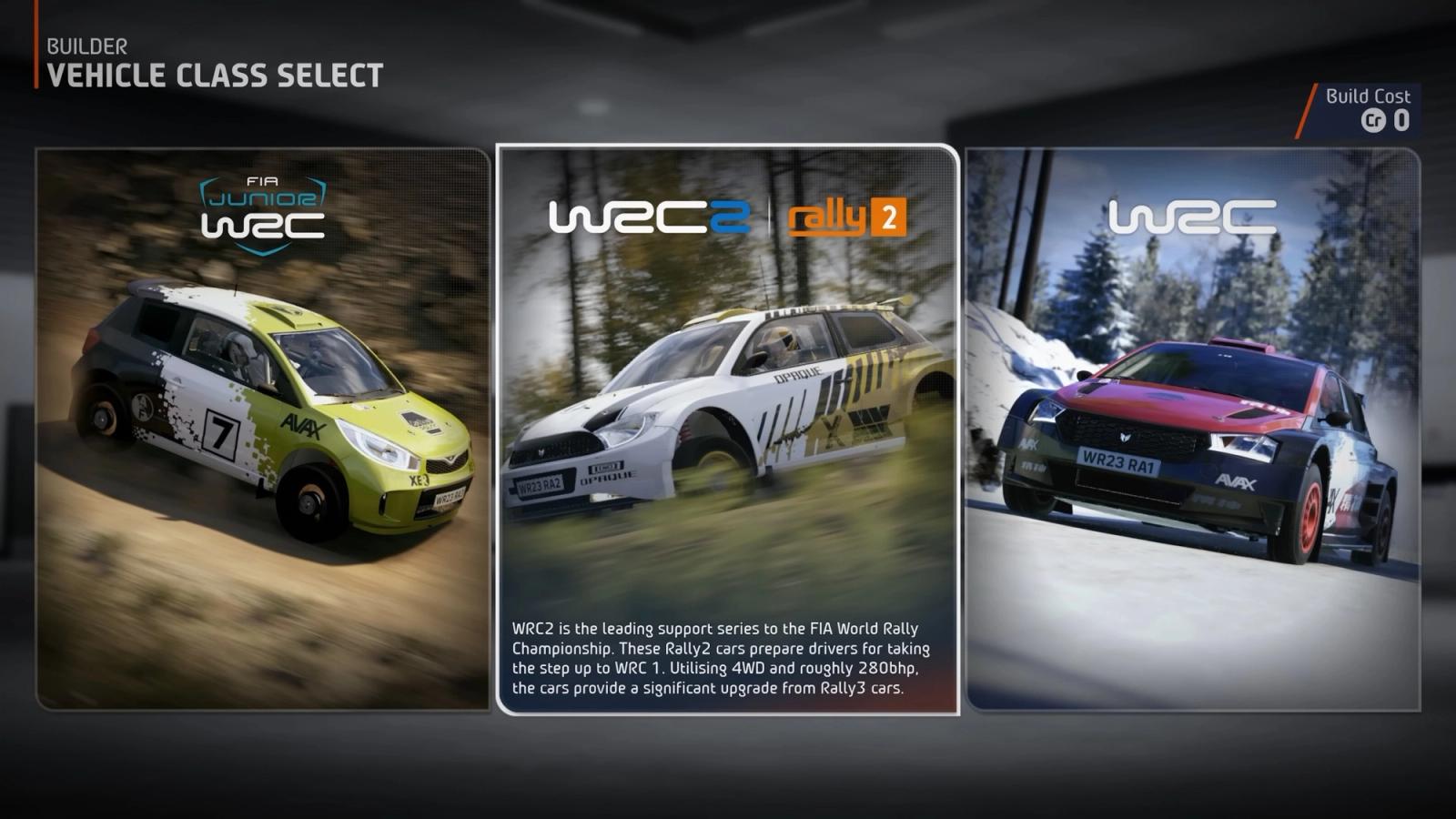 EA Sports WRC career mode vehicle class select