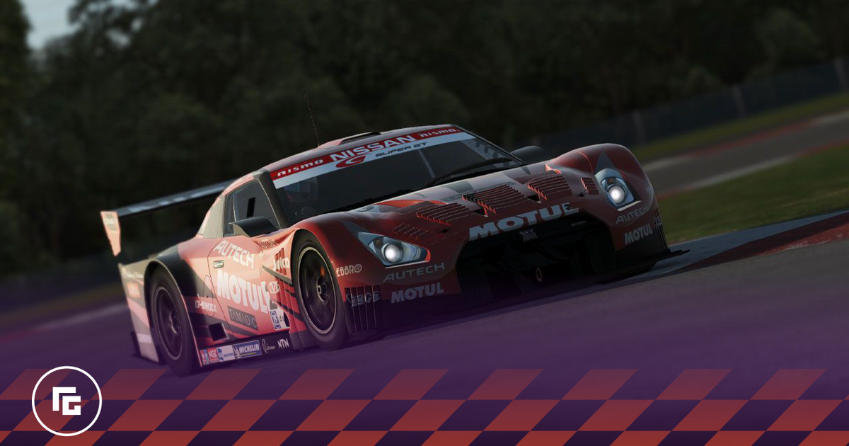 rFactor 2 in-game image of a red Nissan racing car with white sponsors all over.