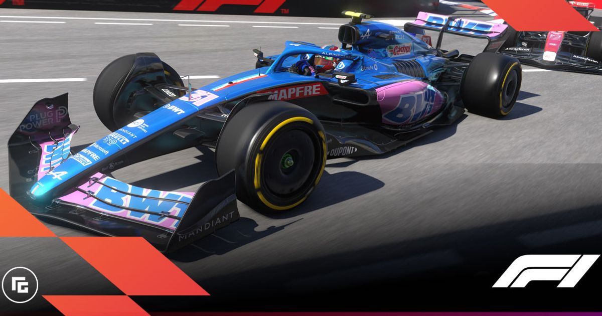 In-game image from F1 22 of the bright blue and pink Alphine F1 car.