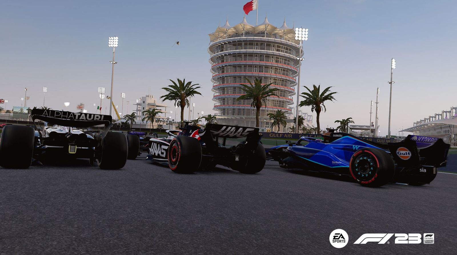 Three wide at Bahrain turn 1 in F1 23