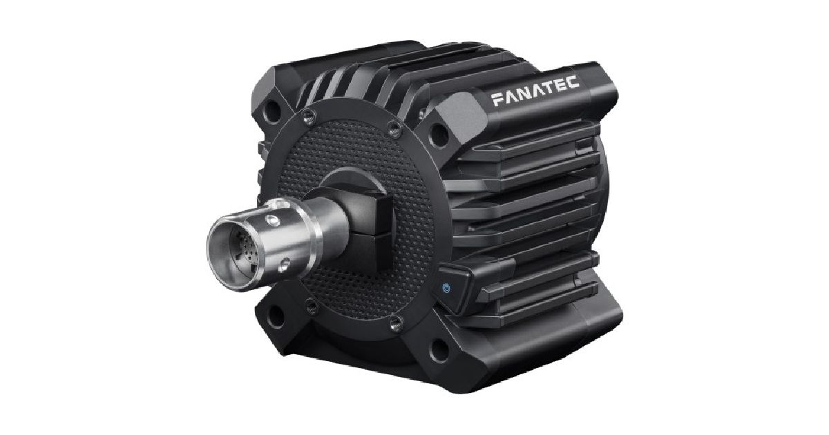 Fanatec CSL DD product image of a black square-shaped wheel base with a silver connector.