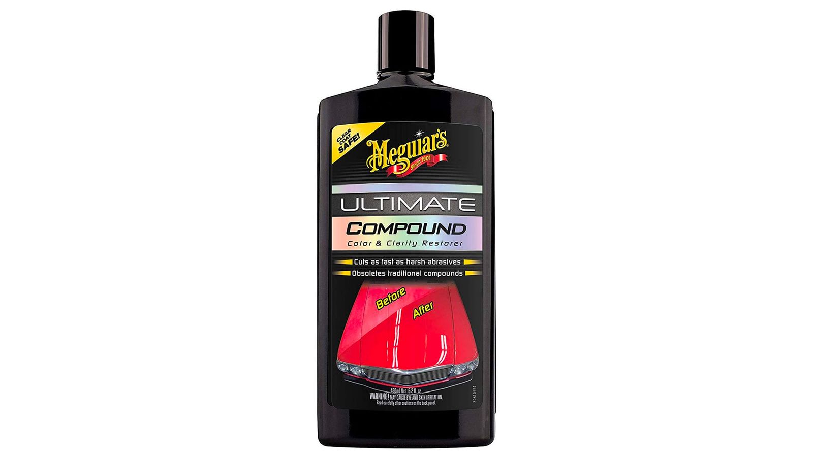 Meguiar's Ultimate Compound Colour & Clarity Restorer product image of a black bottle with a red car on the label.