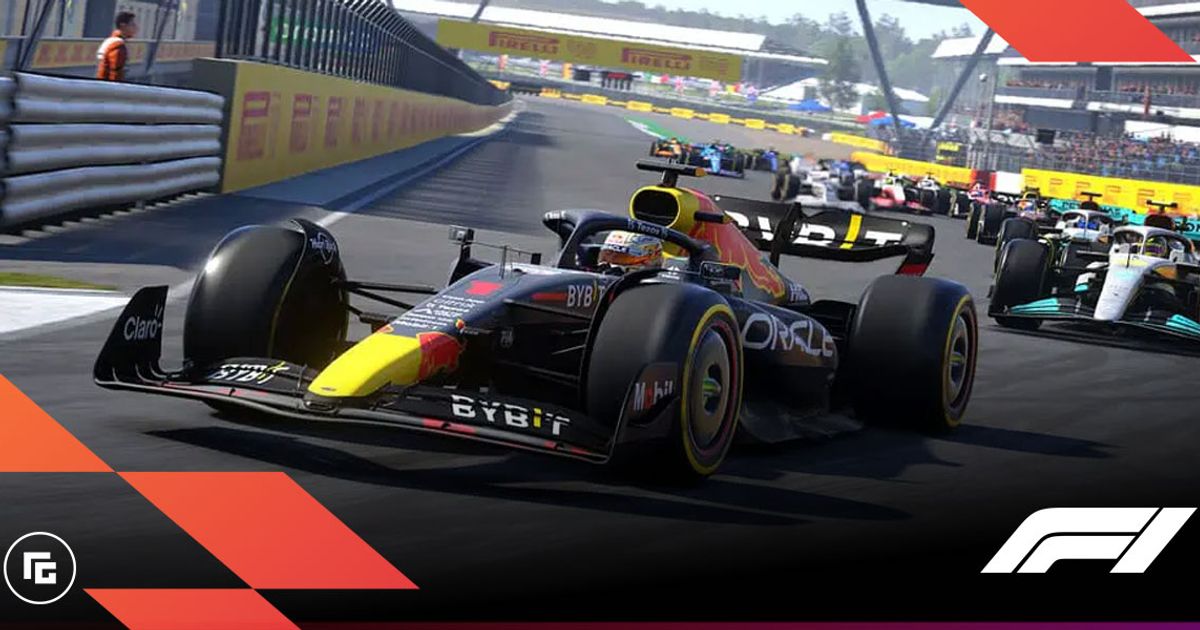 F1 22 in-game image of a navy Red Bull car with yellow and red details ahead of the silver Mercedes.