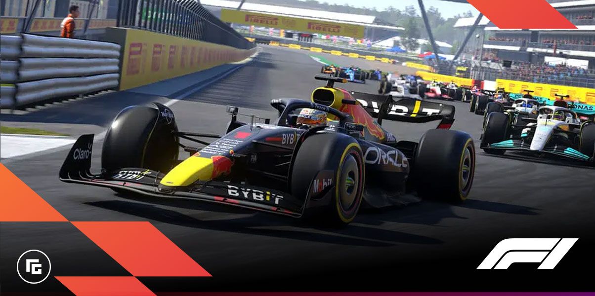 F1 22 in-game image of a navy Red Bull car with yellow and red details ahead of the silver Mercedes.