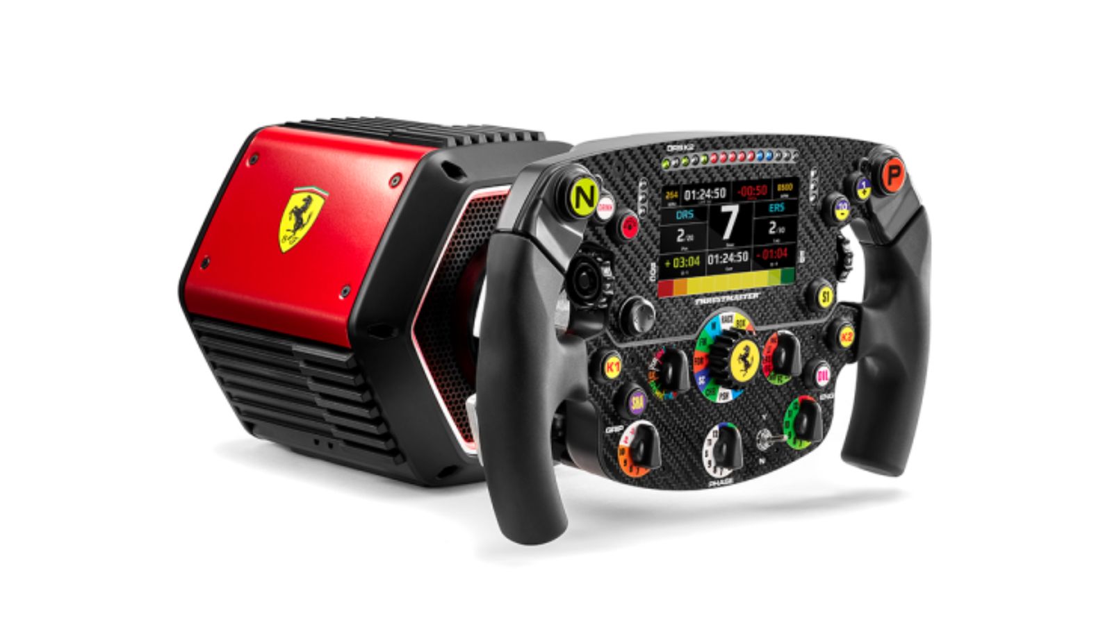 Thrustmaster T818 Ferrari SF1000 product image of a black and red Ferrari-branded F1-style racing wheel.